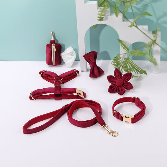 Hondentuigje met Lijn en Halsband Set - 6-delig - WoefieLux Velvet - Inclusief Poepzakhouder & Strik